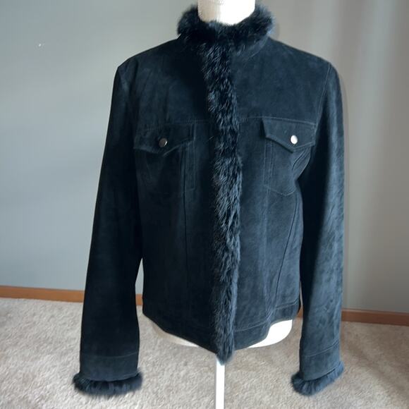Yvonne Le Marie Black Suede Leather Jacket with Rabbit Fur Trim. Size 12 - Picture 1 of 13